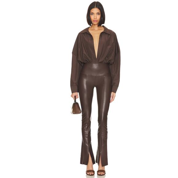 Norma Kamali Spat Legging Faux Leather Pants Chocolate Brown Flare Split Sz XS - Picture 4 of 11